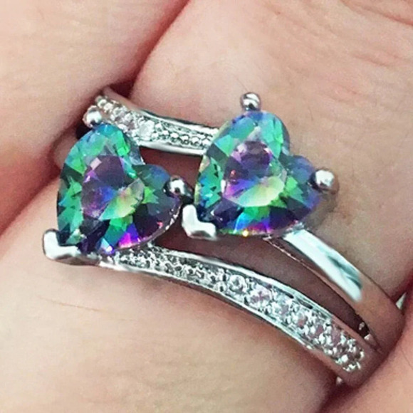 💛 925 Silver Plated Lovely Double Heart-Shaped CZ Ring, MLNN1192 - Picture 1 of 2